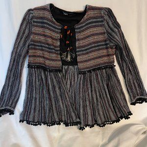 Zara Beaded Festival Hippie Boho Jacket with Pom Pom Trim and Tassels Small